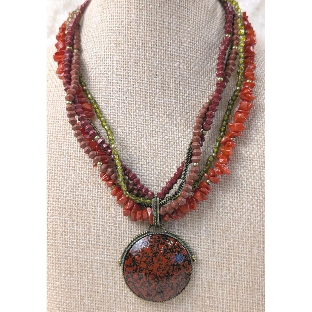 Vintage Monet Red Stone Chip Multi Strand Necklace Jasper Style Pendant
